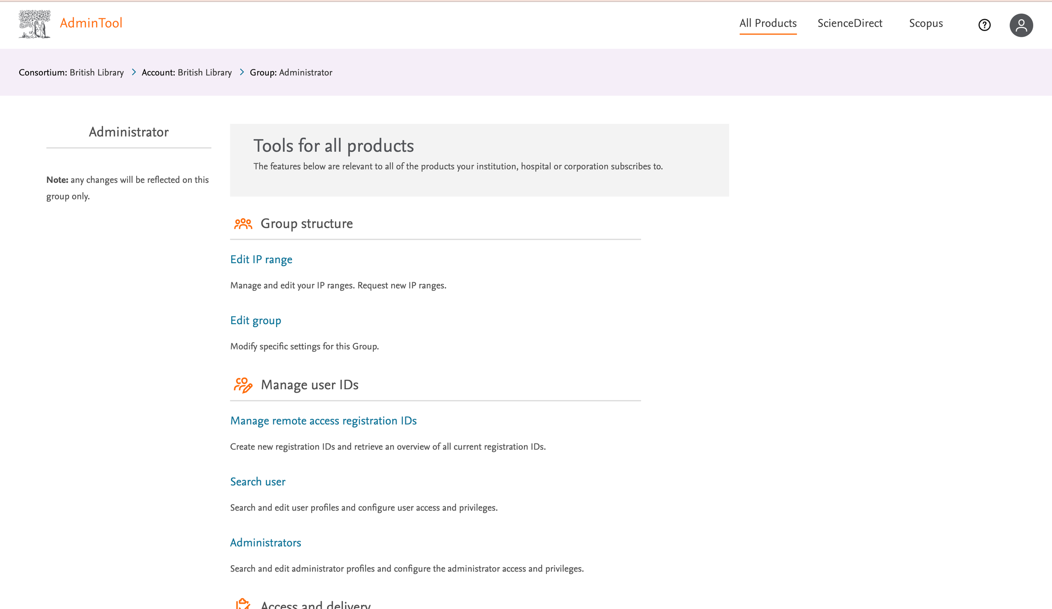 Admin Tool signed in landing page