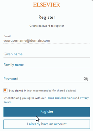 screenshot register for Elsevier account