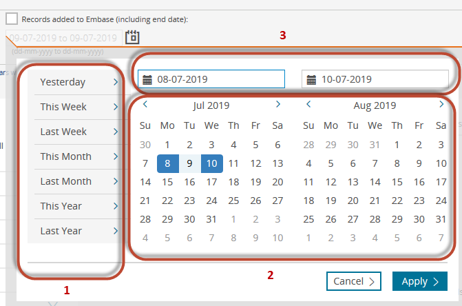Screenshot of calendar in Embase