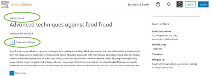 Screenshot of a ScienceDirect journal page with the image of the ScienceDirect logo including journal title and subtitle, download logo and guest editors