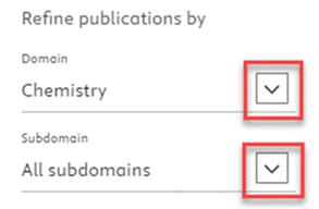 Screenshot of a page that shows Refine publications by with the expand buttons enclosed in a red box