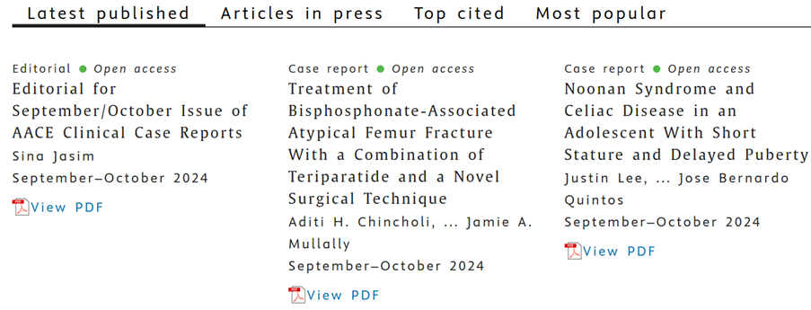 Screenshot of a page that shows latest published, articles in press, top cited and most popular articles