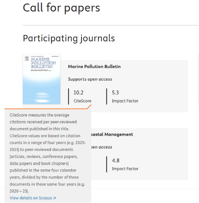 Screenshot of the Browse calls for papers page with an expanded tooltip providing more information on CiteScore