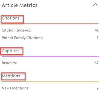 Screenshot with highlighted Article Metrics headings tagged as h3