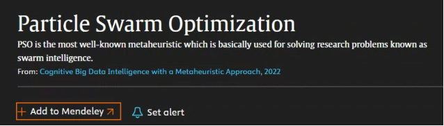 Screenshot of a Topic page title, description and source in white letters on a black background. Following the source are two buttons of which 'Add to Mendeley is highlighted with an orange border