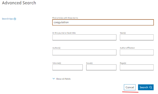 Screenshot of the Advanced search form with the 'Cancel' button next to the 'Search' button highlighted with an orange line underneath