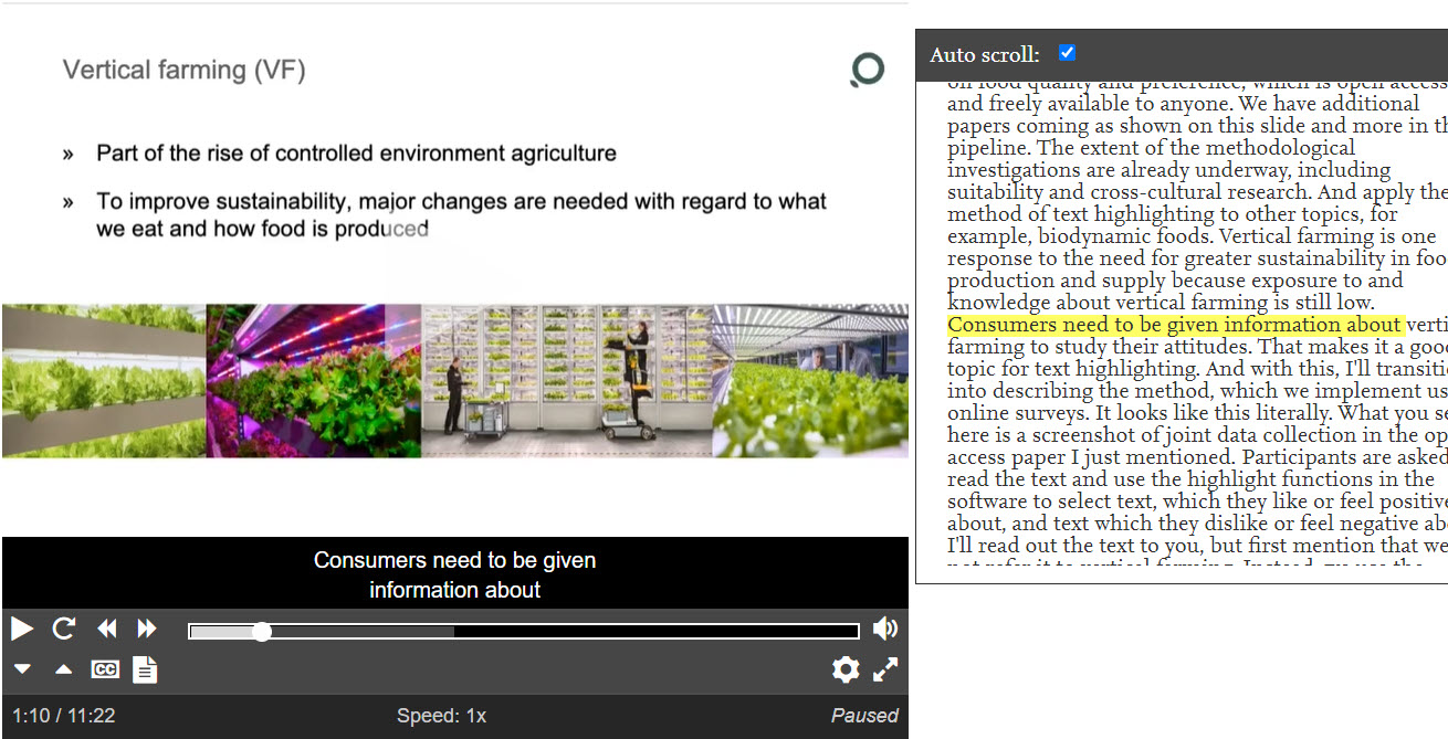 Screenshot of a video article rendered in the Elsevier media player. A slide about vertical farming is displayed, with two rows of closed captions underneath it. A rolling transcript is displayed to the right of the video, with a highlight on the part of the transcript that is being read out
