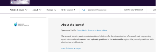 Screenshot of the About page of a journal, with the society logo of Korea water resources association next to the description of the journal Aims and Scope