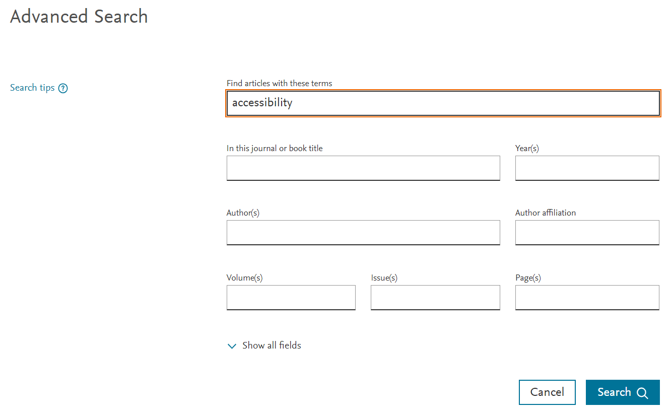 screenshot advanced search form showing orange highlighting active field