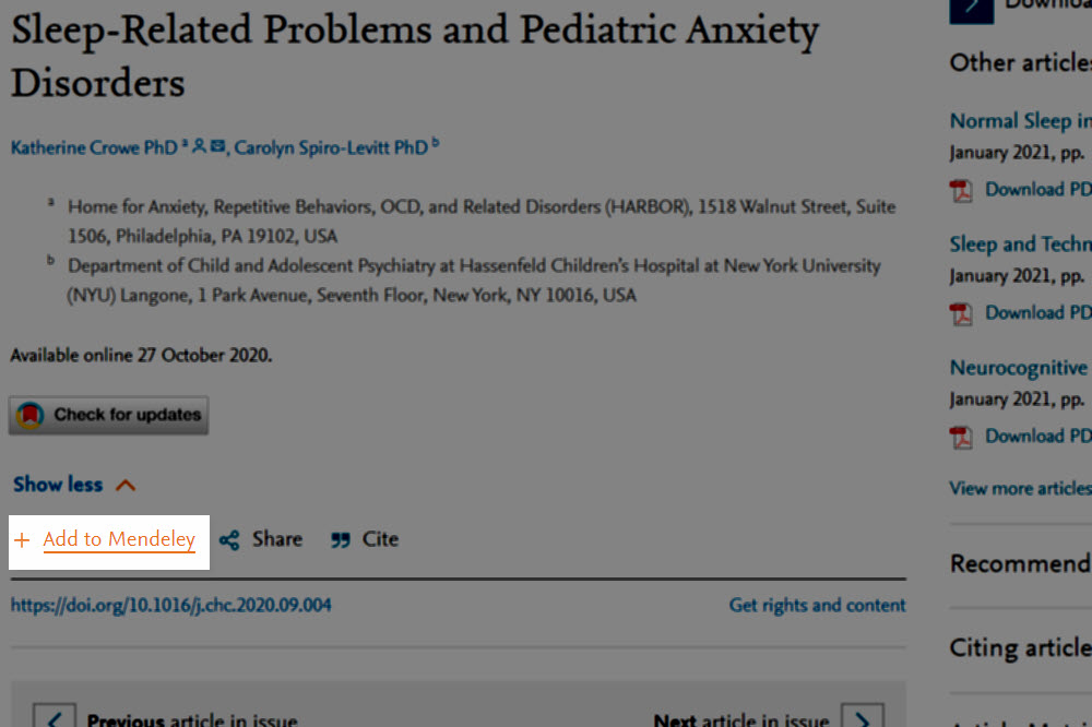Screenshot of the 'Add to Mendeley' button on an article page
