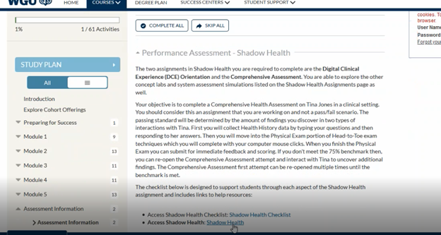 Shadow Support Western Governors University LTI Link - Shadow Health Support Center